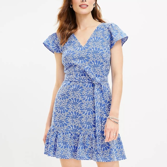 LOFT Eyelet Belted Flutter Sleeve Swing Dress - Picture 1 of 6